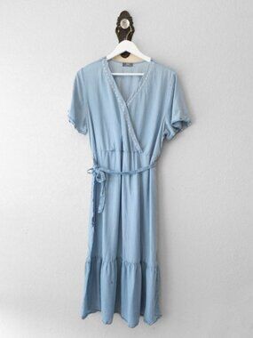 Max Blue Lyocell Wrap Midi Dress Womens 10 Embroidered Tie Waist Cottagecore